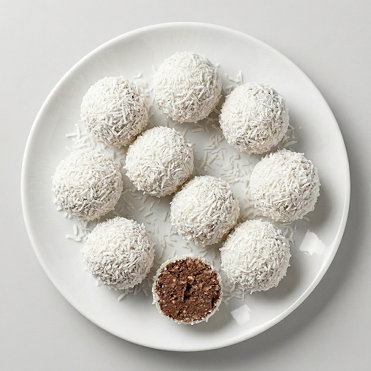 Fitfaello — coconut-coated cottage cheese and cacao protein balls